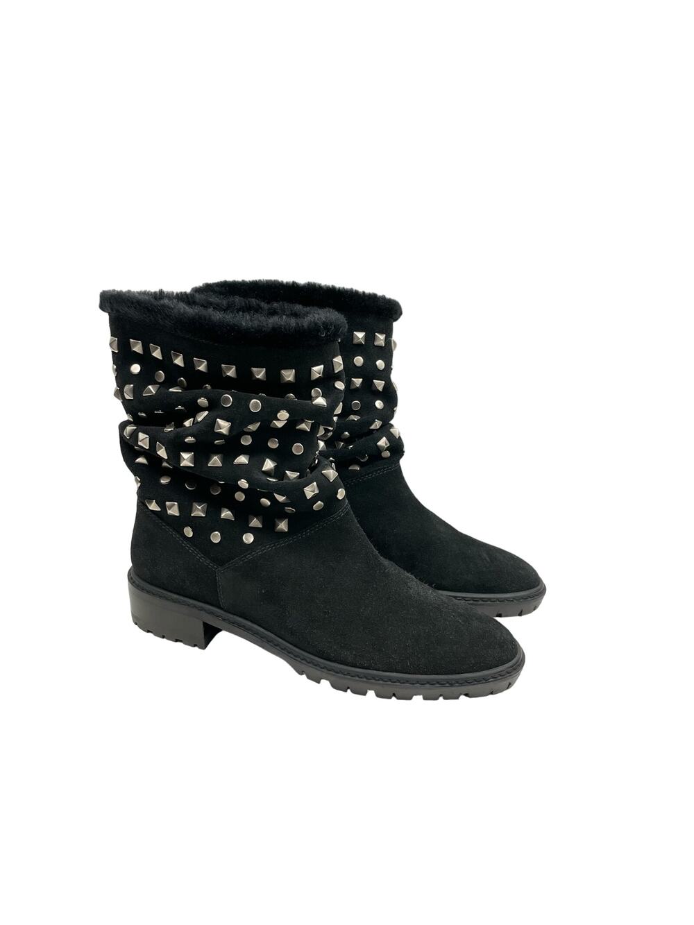 Stuart Weitzman | Arctica 5 Narrow Black Faux Fur Studded Slouchy Pull On Boots